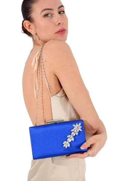 Saks Mavisi Saten Kristal Taşlı Abiye Çanta Düğün Nişan Gece Çantası El Yapımı Çanta