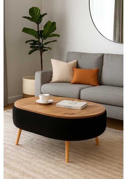 Luno Orta Sehpa, Teddy Kumaş Kaplamalı Ahşap Ayaklı Yuvarlak Orta Sehpa, Modern Orta Sehpa