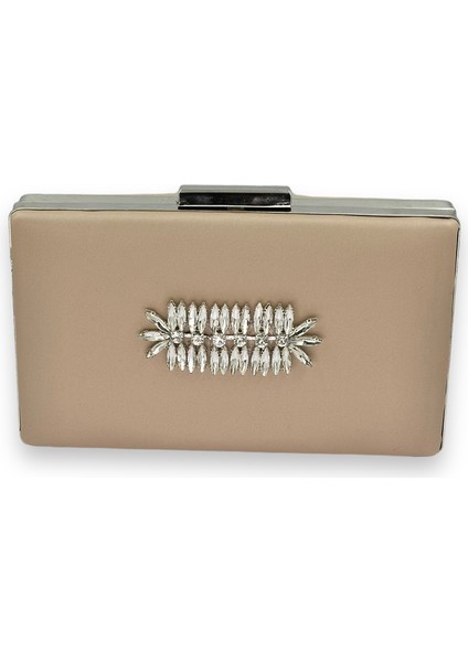 Vizon Renk Çizilmeyen Saten Gümüş Taşlı Abiye Çanta Düğün Nişan Çantası