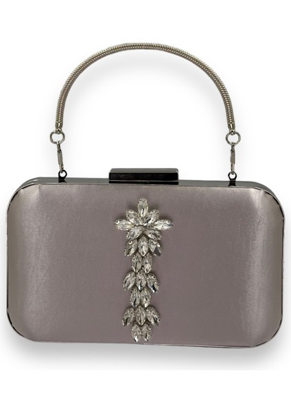 Vizon Renk Saten Gümüş Kasalı Gümüş Taşlı Kulplu Saplı Abiye Gece Çantası Düğün Portföy