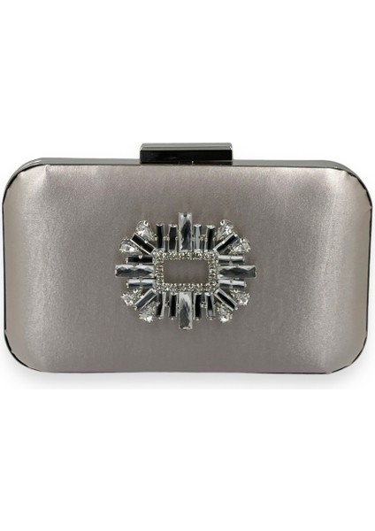 Vizon Renk Saten Gümüş Kasalı Gümüş Taşlı Abiye Çanta Gece Çantası Düğün Nişan Portföy