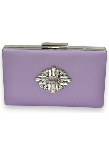 Lila Rengi Çizilmeyen Saten Gümüş Taşlı Abiye Çanta Düğün Nişan Çantası