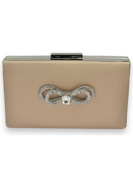 Vizon Renk Çizilmeyen Saten Gümüş Taşlı Abiye Çanta Düğün Nişan Çantası