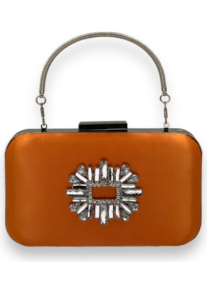 Turuncu Renk Saten Gümüş Kasalı Gümüş Taşlı Kulplu Saplı Abiye Gece Çantası Düğün Portföy