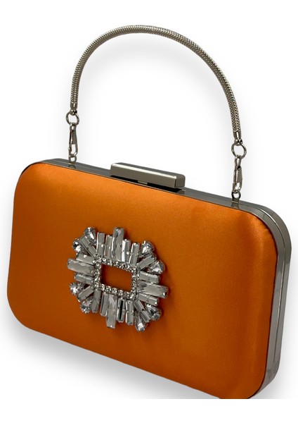 Turuncu Renk Saten Gümüş Kasalı Gümüş Taşlı Kulplu Saplı Abiye Gece Çantası Düğün Portföy fiyatları