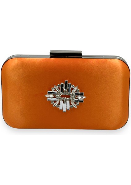 Turuncu Renk Saten Gümüş Kasalı Gümüş Taşlı Abiye Çanta Gece Çantası Düğün Nişan Portföy