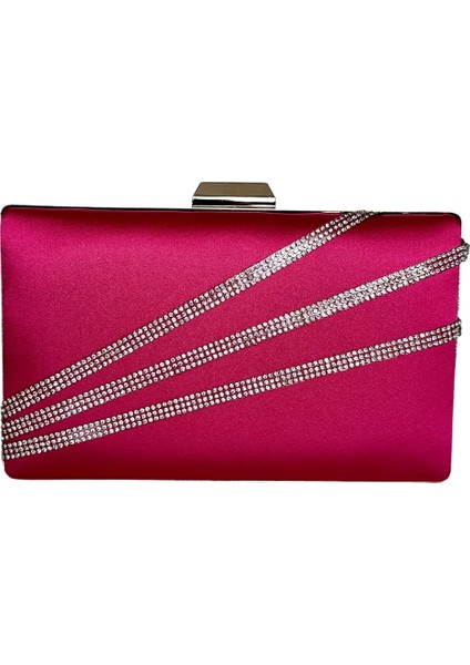 Fuşya Renk Saten Gümüş Kasalı Gümüş Taşlı Abiye Çanta Gece Çantası Düğün Nişan Portföy