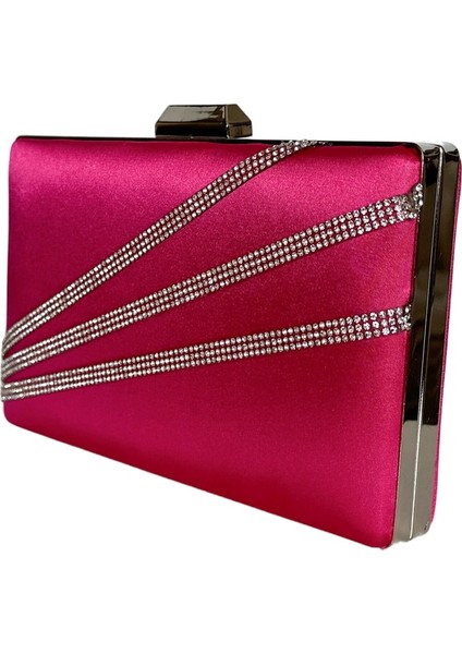 Fuşya Renk Saten Gümüş Kasalı Gümüş Taşlı Abiye Çanta Gece Çantası Düğün Nişan Portföy modelleri