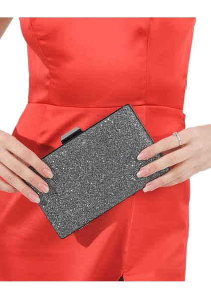 Antrasit Platin Simli Gümüş Kasalı Abiye Çanta Gece Çantası Nişan Düğün Çantası El Çantası