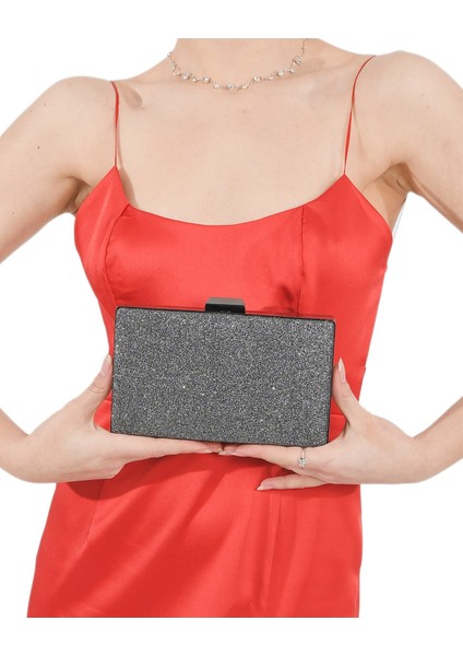 Antrasit Platin Simli Gümüş Kasalı Abiye Çanta Gece Çantası Nişan Düğün Çantası El Çantası