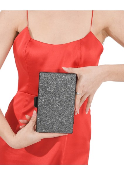 Antrasit Platin Simli Gümüş Kasalı Abiye Çanta Gece Çantası Nişan Düğün Çantası El Çantası