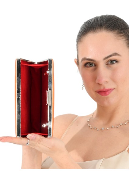 Turuncu Renk Saten Abiye Çanta Gece Çantası Nişan Düğün Çantası