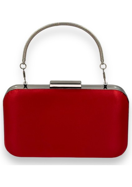 Kırmızı Renk Saten Gümüş Kasalı Metal Saplı Kulplu Abiye Çanta Gece Çantası Düğün Nişan