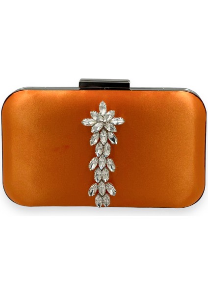 Turuncu Renk Saten Gümüş Kasalı Gümüş Taşlı Abiye Çanta Gece Çantası Düğün Nişan Portföy