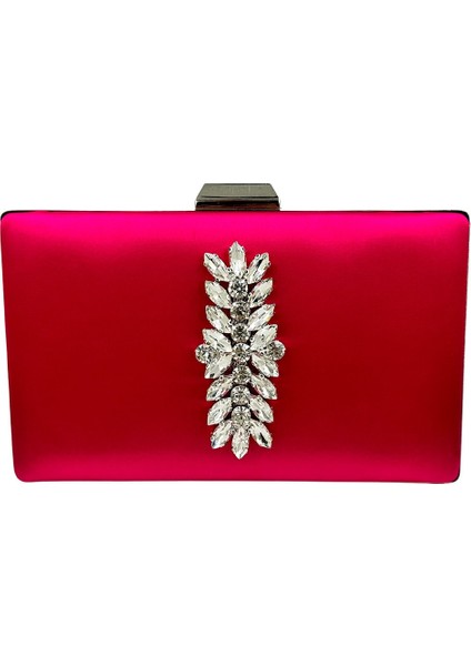 Fuşya Renk Saten Gümüş Kasalı Gümüş Taşlı Abiye Çanta Gece Çantası Düğün Nişan Portföy