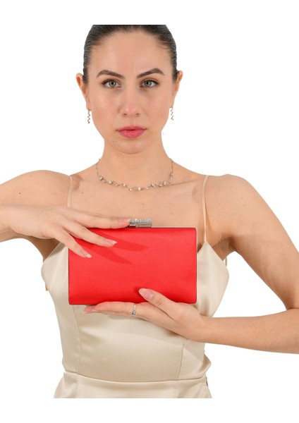 Kırmızı Renk Saten Taşlı Kasa Abiye Çanta Gece Çantası Düğün Nişan Çantası