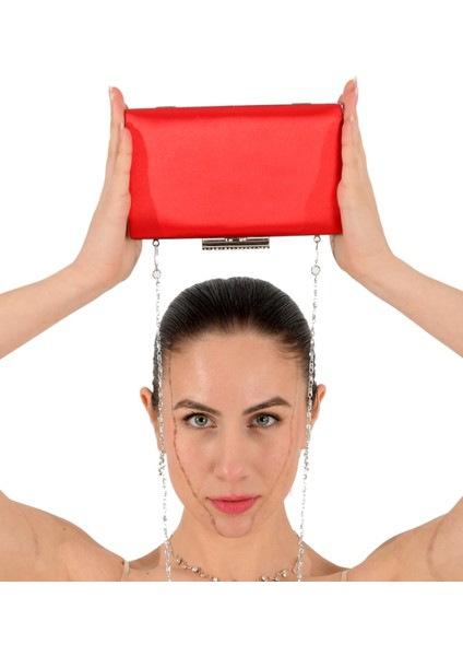 Kırmızı Renk Saten Taşlı Kasa Abiye Çanta Gece Çantası Düğün Nişan Çantası