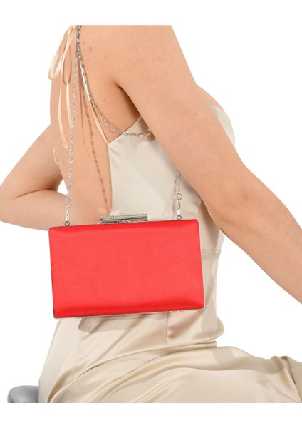 Kırmızı Renk Saten Taşlı Kasa Abiye Çanta Gece Çantası Düğün Nişan Çantası