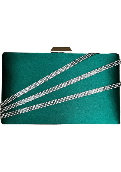 Yeşil Renk Saten Gümüş Kasalı Gümüş Taşlı Abiye Çanta Gece Çantası Düğün Nişan Portföy