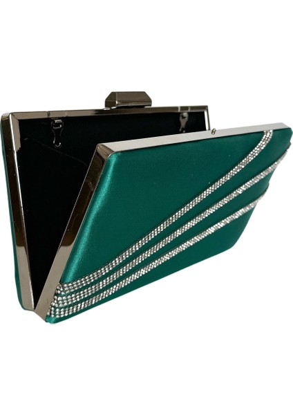 Yeşil Renk Saten Gümüş Kasalı Gümüş Taşlı Abiye Çanta Gece Çantası Düğün Nişan Portföy modelleri