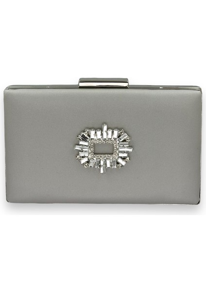 Gümüş Gri Renk Çizilmeyen Saten Gümüş Taşlı Abiye Çanta Düğün Nişan Çantası