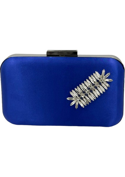 Saks Mavisi Renk Saten Gümüş Kasalı Gümüş Taşlı Abiye Çanta Gece Çantası Düğün Nişan Portföy