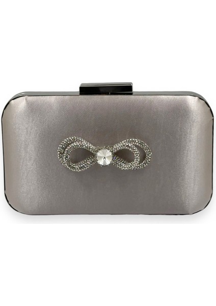 Vizon Renk Saten Gümüş Kasalı Gümüş Taşlı Abiye Çanta Gece Çantası Düğün Nişan Portföy
