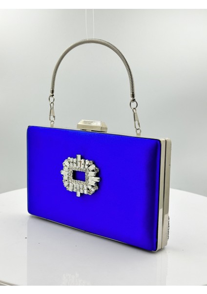 Saks Mavisi Renk Saten Gümüş Kasalı Gümüş Taşlı Abiye Çanta Gece Çantası Düğün Nişan Portföy