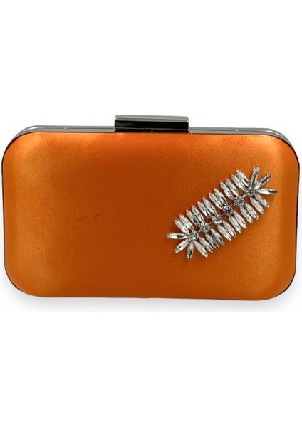 Turuncu Renk Saten Gümüş Kasalı Gümüş Taşlı Abiye Çanta Gece Çantası Düğün Nişan Portföy