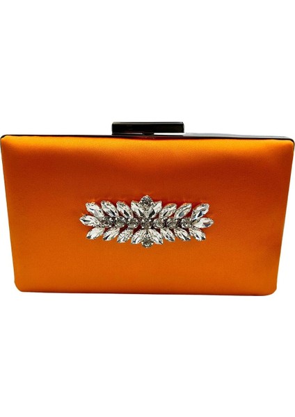 Turuncu Renk Saten Gümüş Kasalı Gümüş Taşlı Abiye Çanta Gece Çantası Düğün Nişan Portföy