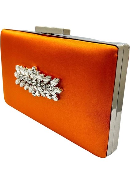 Turuncu Renk Saten Gümüş Kasalı Gümüş Taşlı Abiye Çanta Gece Çantası Düğün Nişan Portföy fiyatları