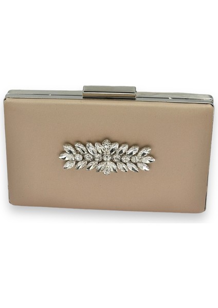 Vizon Renk Çizilmeyen Saten Gümüş Taşlı Abiye Çanta Düğün Nişan Çantası