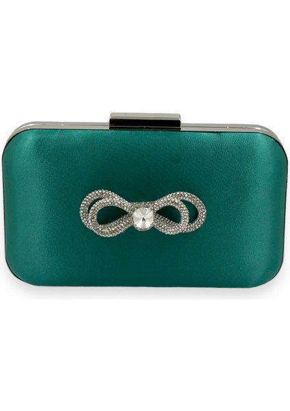 Yeşil Renk Saten Gümüş Kasalı Gümüş Taşlı Abiye Çanta Gece Çantası Düğün Nişan Portföy