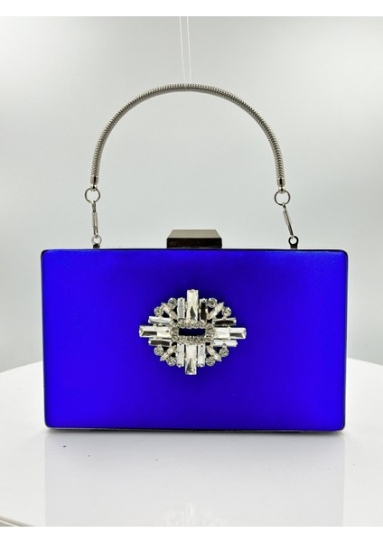 Saks Mavisi Renk Saten Gümüş Kasalı Gümüş Taşlı Abiye Çanta Gece Çantası Düğün Nişan Portföy
