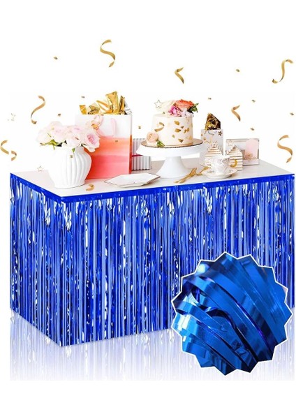 Zeroshop Kendinden Yapışlı Mavi Metalize Püsküllü Masa Eteği – 75 x 275 cm Parti Süslemesi