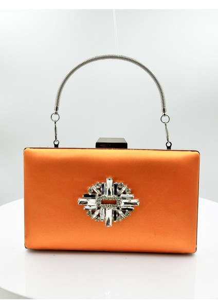 Turuncu Renk Saten Gümüş Kasalı Gümüş Taşlı Abiye Çanta Gece Çantası Düğün Nişan Portföy