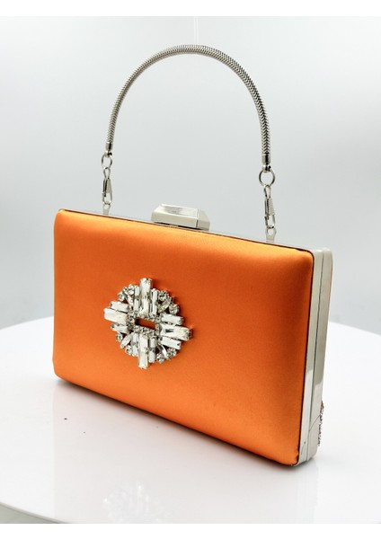 Turuncu Renk Saten Gümüş Kasalı Gümüş Taşlı Abiye Çanta Gece Çantası Düğün Nişan Portföy fiyatları