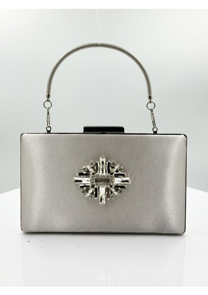 Vizon Renk Saten Gümüş Kasalı Gümüş Taşlı Abiye Çanta Gece Çantası Düğün Nişan Portföy