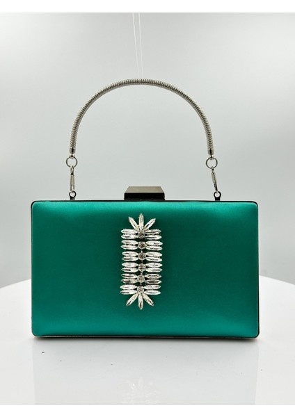 Yeşil Renk Saten Gümüş Kasalı Gümüş Taşlı Abiye Çanta Gece Çantası Düğün Nişan Portföy