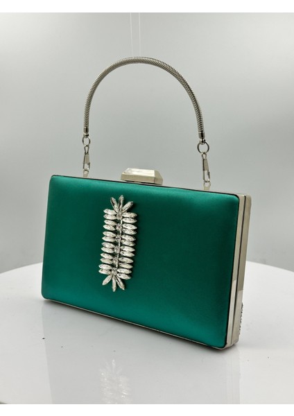 Yeşil Renk Saten Gümüş Kasalı Gümüş Taşlı Abiye Çanta Gece Çantası Düğün Nişan Portföy fiyatları