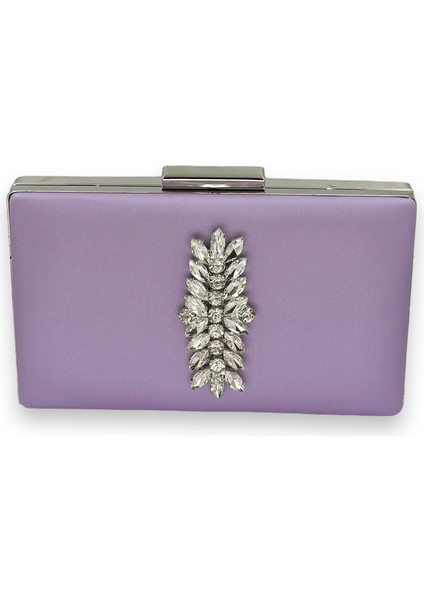 Lila Renk Çizilmeyen Saten Gümüş Taşlı Abiye Çanta Düğün Nişan Çantası