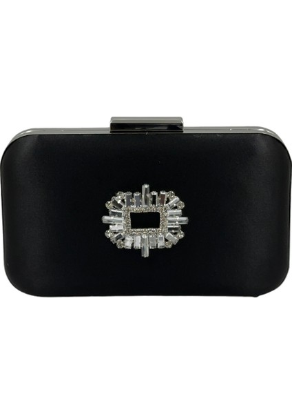 Siyah Renk Saten Gümüş Kasalı Gümüş Taşlı Abiye Çanta Gece Çantası Düğün Nişan Portföy