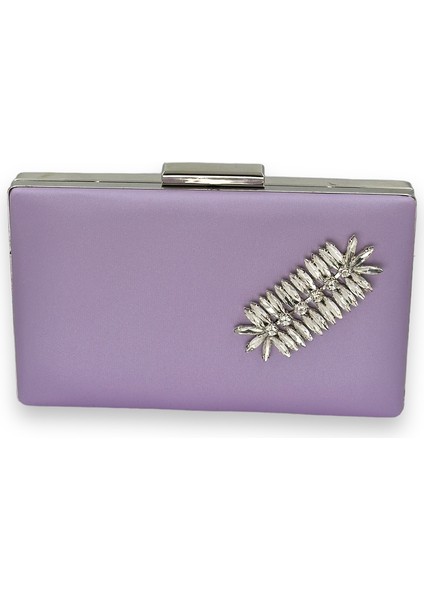 Lila Renk Çizilmeyen Saten Gümüş Taşlı Abiye Çanta Düğün Nişan Çantası