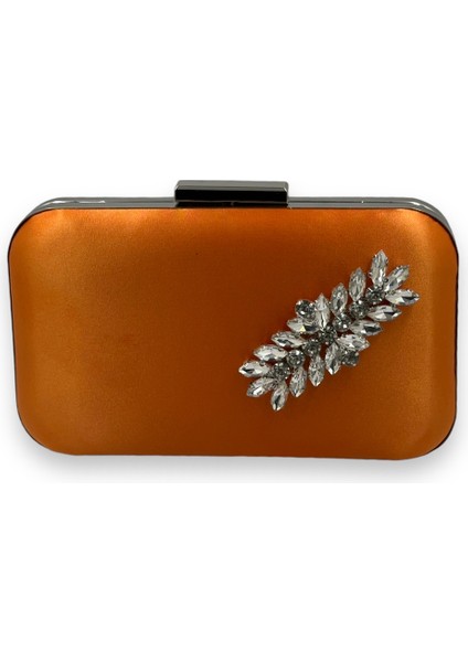 Turuncu Renk Saten Gümüş Kasalı Gümüş Taşlı Abiye Çanta Gece Çantası Düğün Nişan Portföy