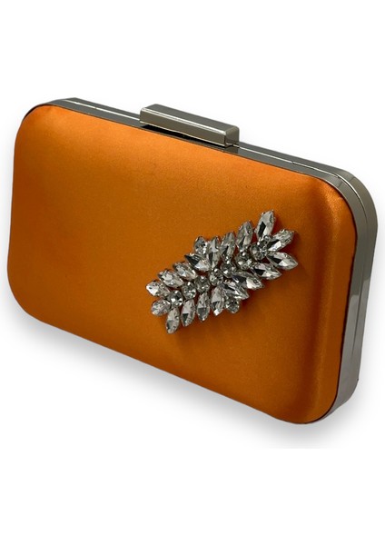 Turuncu Renk Saten Gümüş Kasalı Gümüş Taşlı Abiye Çanta Gece Çantası Düğün Nişan Portföy fiyatları