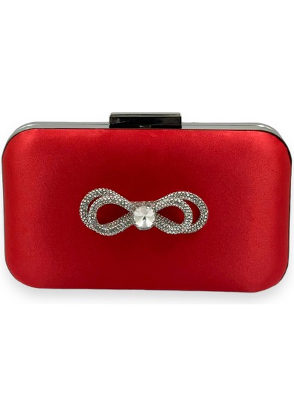 Kırmızı Renk Saten Gümüş Kasalı Gümüş Taşlı Abiye Çanta Gece Çantası Düğün Nişan Portföy