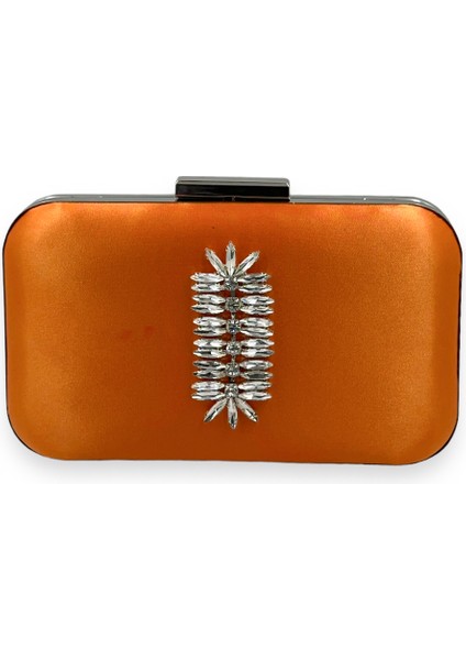 Turuncu Renk Saten Gümüş Kasalı Gümüş Taşlı Abiye Çanta Gece Çantası Düğün Nişan Portföy