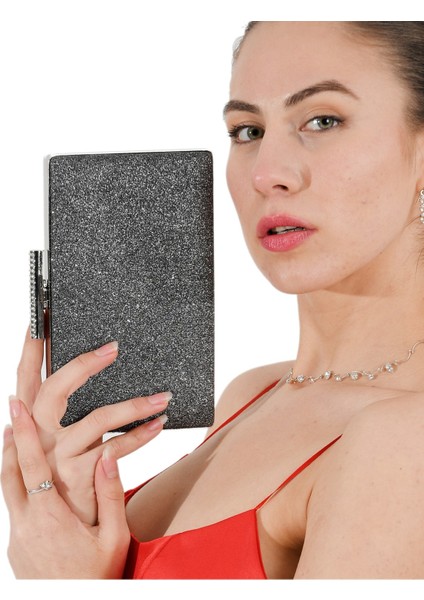 Antrasit Renk Simli Abiye Çanta Gece Çantası Düğün Çantası