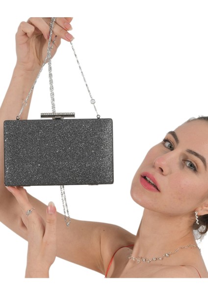 Antrasit Renk Simli Abiye Çanta Gece Çantası Düğün Çantası modelleri