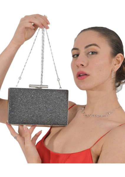 Antrasit Renk Simli Abiye Çanta Gece Çantası Düğün Çantası